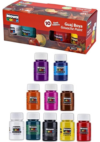 Guaj Boya 10 Renk 30 ml 1 Paket Nova Color Guaj Boya Seti 10 Lu Su Bazlı Şişe Canlı Renkler Resim Okul fırsatları