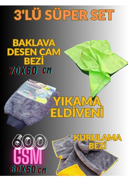 3'lü Mikrofiber Oto Yıkama Seti Kurulama Bezi (600) Gsm - Cam Bezi - Oto Eldiven