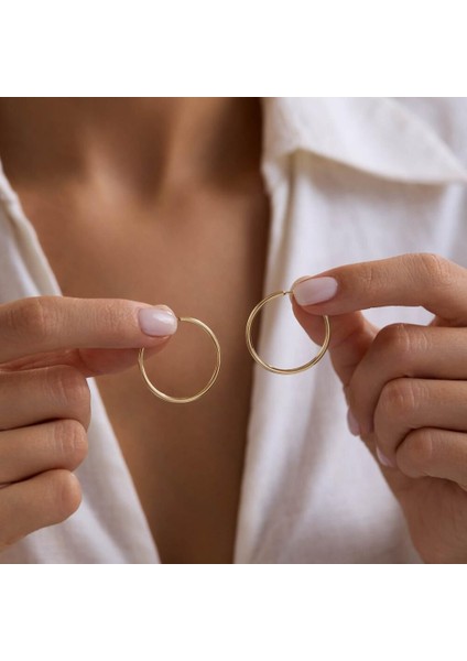 14K Altın Halka Küpe 1,2 mm 2.8 cm Gizli Kilit