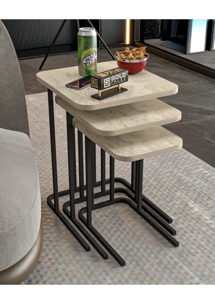 Falez Zino 3'lü Traverten Görünümlü Zigon Sehpa