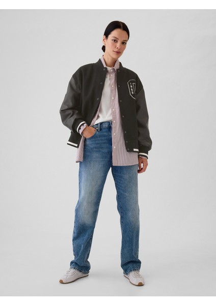 Kadın Siyah Yün Varsity Logo Boyfriend Ceket fırsatları