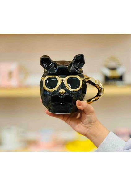 Yaratıcı Geometrik Porselen 3D Köpek Fincan Kupa Bardak Mug Kulplu Gözlüklü Havalı Dekoratif Hediyelik Eşya Özel Seri