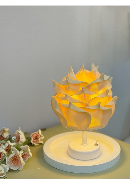 2'li Butter Yellow-Sarı Eva Gül Kablosuz Masa Lambası - Alt Beyaz & Beyaz Yuvarlak Tepsi Set fiyatları