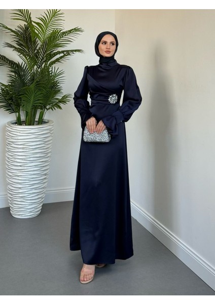 Yandan Taşlı Saten Abiye