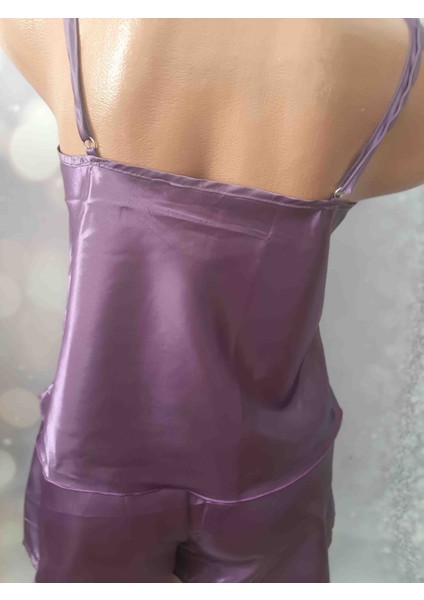 Mor Ip Askılı Yakası Dantelli Saten Üst ve Mini Şort Kadın Takım Pijama indirimleri