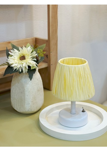 2'li Butter Yellow-Sarı Rafya Kablosuz Pilli Masa Lambası -Alt Beyaz & Beyaz Yuvarlak Tepsi Set