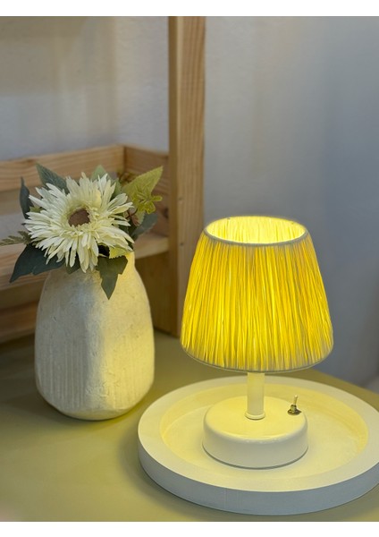 2'li Butter Yellow-Sarı Rafya Kablosuz Pilli Masa Lambası -Alt Beyaz & Beyaz Yuvarlak Tepsi Set fiyatları