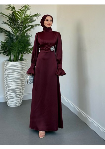 Yandan Taşlı Saten Abiye