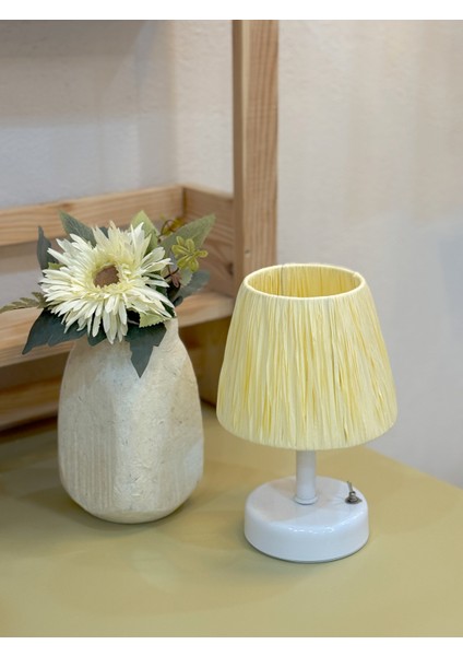 2'li Butter Yellow-Sarı Rafya Kablosuz Pilli Masa Lambası -Alt Beyaz & Beyaz Yuvarlak Tepsi Set fırsatları