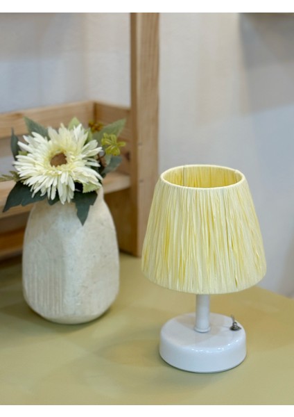 2'li Butter Yellow-Sarı Rafya Kablosuz Pilli Masa Lambası -Alt Beyaz & Beyaz Yuvarlak Tepsi Set indirimleri