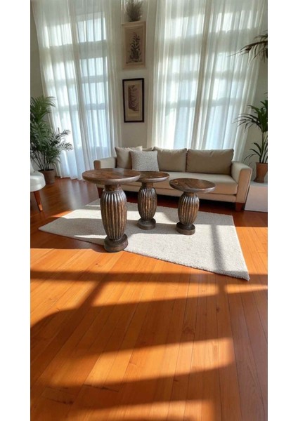 Ahşap Mantar Sehpa Takımı 3’lü – Ceviz Renk Modern Yan Sehpa fiyatları