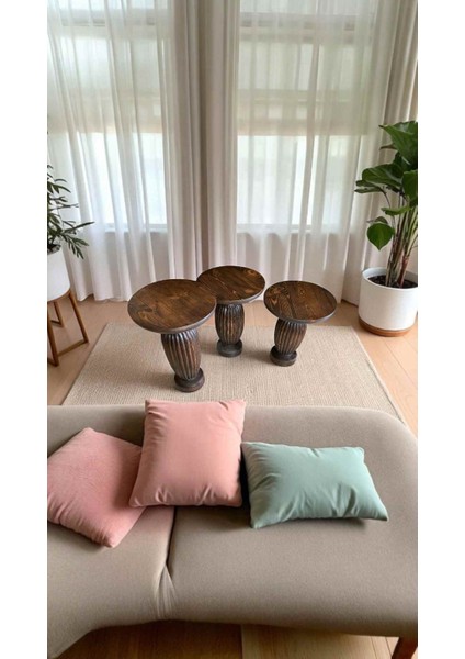 Ahşap Mantar Sehpa Takımı 3’lü – Ceviz Renk Modern Yan Sehpa modelleri