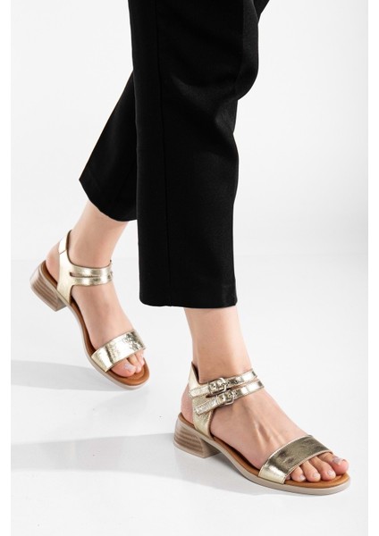 Kadın Hakiki Deri Bantlı Alçak Topuklu Sandalet - Altın fiyatları