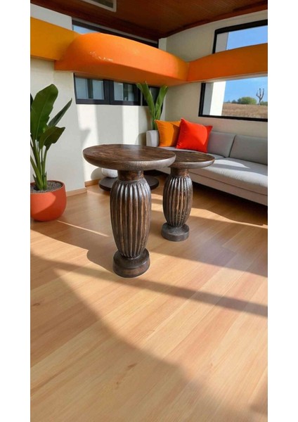 2’li Ahşap Mantar Sehpa Seti – Ceviz Renkli Yan Sehpa Takımı