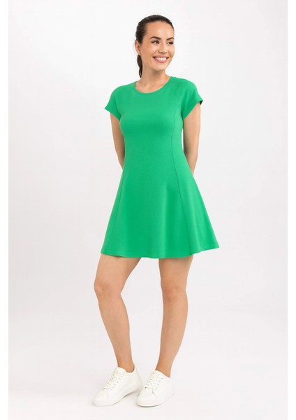 Lupinn Moda Kadın Yeşil Kısa Kollu Mini Yazlık Elbise Rahat Kalıp Günlük Şık Model
