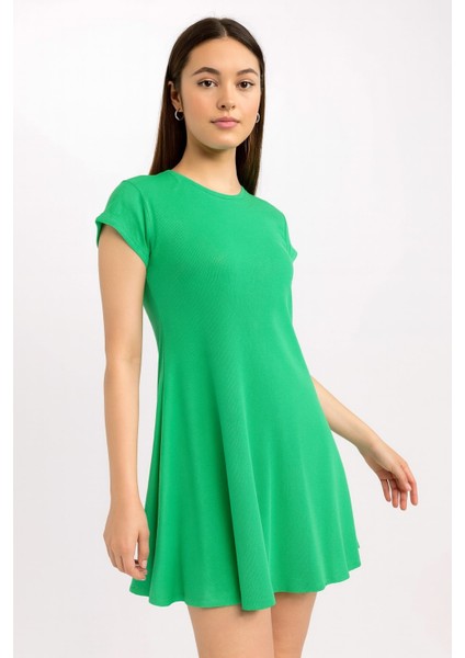 Lupinn Moda Kadın Yeşil Kısa Kollu Mini Yazlık Elbise Rahat Kalıp Günlük Şık Model modelleri