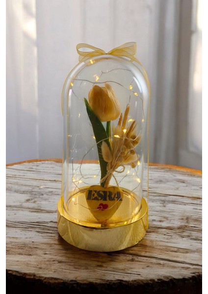 Sevgililer ve Anneler Günü , Arkadaşa Özel Hediye Altın Renkli Fanus Yapay Islak Lale Isim Yazmalı