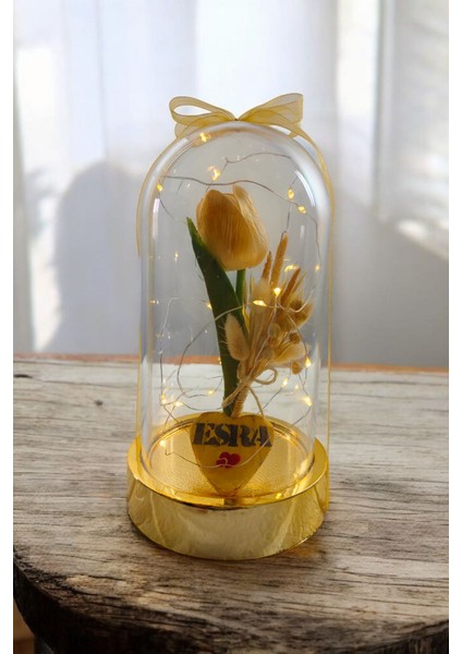 Sevgililer ve Anneler Günü , Arkadaşa Özel Hediye Altın Renkli Fanus Yapay Islak Lale Isim Yazmalı