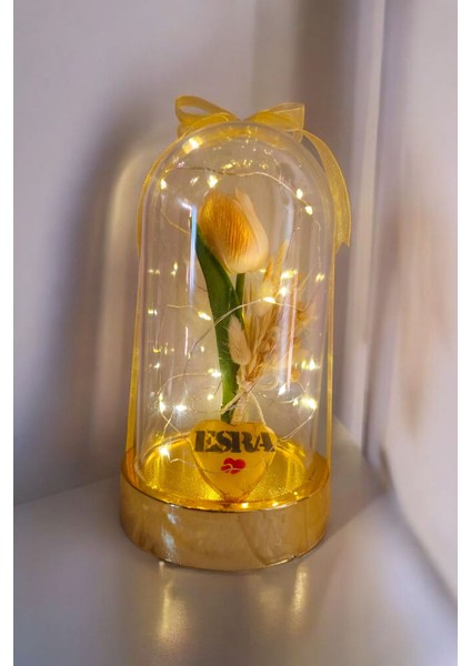 Sevgililer ve Anneler Günü , Arkadaşa Özel Hediye Altın Renkli Fanus Yapay Islak Lale Isim Yazmalı