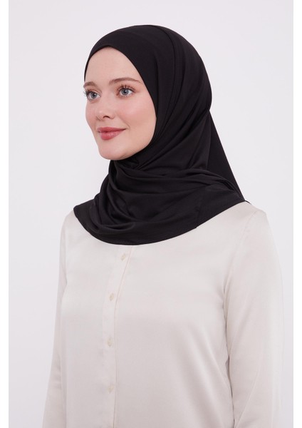 Şal Görünümlü Hazır Pratik Geçmeli Tesettür Hijab Bone - Siyah Renk