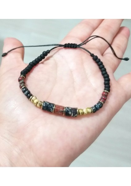 Siyah Varisit Kırmızı Jasper Hematit Doğaltaşlı Miyuki Round Boncuklu Unisex Bileklik
