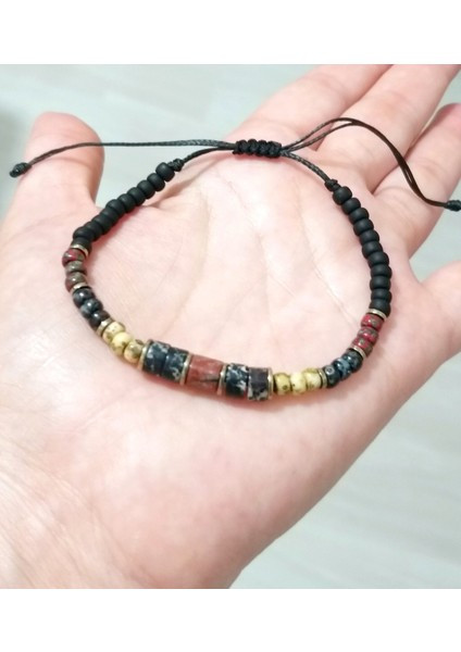Siyah Varisit Kırmızı Jasper Hematit Doğaltaşlı Miyuki Round Boncuklu Unisex Bileklik