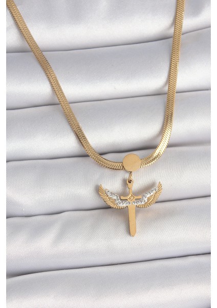 316L Çelik Gold Renk Italyan Zincir Zirkon Taş Detaylı Mikail Model Kadın Kolye - TJ-BKO10123