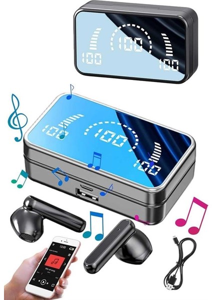 Yeni Nesil Kablosuz Kulaklık Aynalı Powerbank Özellikli Bluetooth Bağlantılı Dijital Göstergeli