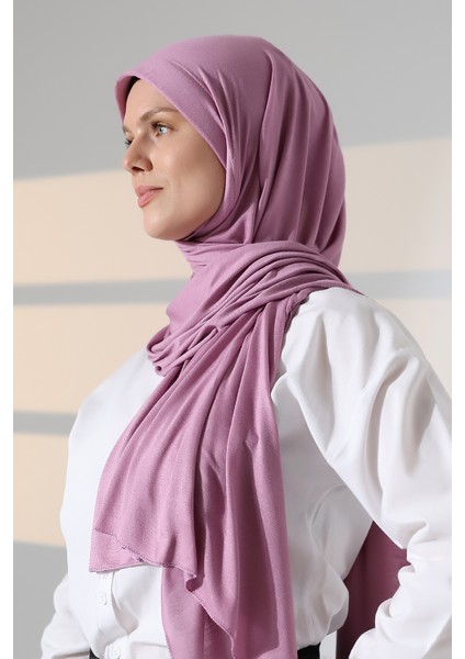 Hazır Pratik Geçmeli Likralı Penye Tesettür Şal - Gül Kurusu