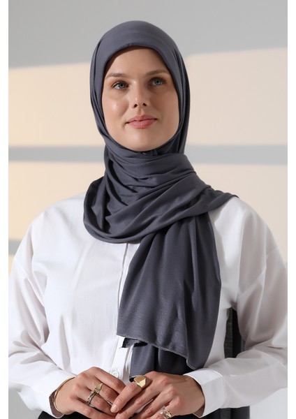 Hazır Pratik Geçmeli Likralı Penye Tesettür Şal - Füme indirimleri