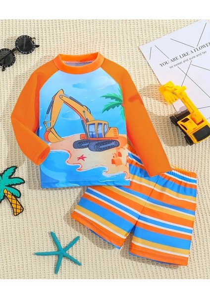 Erkek Çocuk Uzun Kollu Iş Makinesi Desenli Mayo Takımı – Turuncu Mavi Çizgili Şortlu