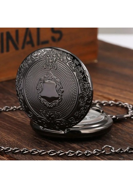 Siyah Oymalı Desenli Lüx Zincirli Köstekli Cep Saati