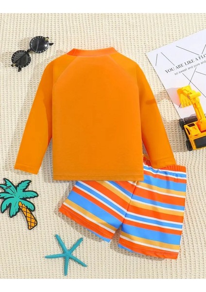 Erkek Çocuk Uzun Kollu Iş Makinesi Desenli Mayo Takımı – Turuncu Mavi Çizgili Şortlu fiyatları