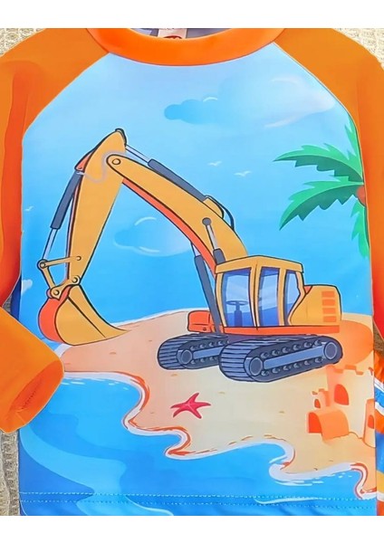 Erkek Çocuk Uzun Kollu Iş Makinesi Desenli Mayo Takımı – Turuncu Mavi Çizgili Şortlu modelleri