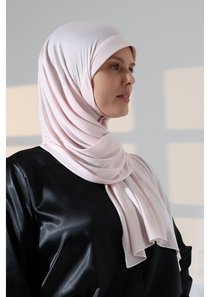 Hazır Pratik Geçmeli Likralı Penye Tesettür Şal - Pudra fırsatları