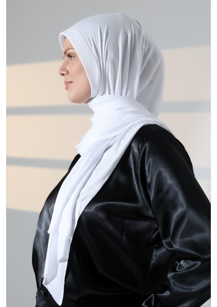 Hazır Pratik Geçmeli Likralı Penye Tesettür Şal - Beyaz fiyatları