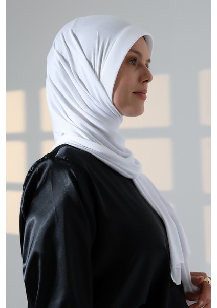 Hazır Pratik Geçmeli Likralı Penye Tesettür Şal - Beyaz modelleri