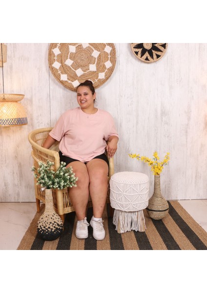 Mylamp Makrome Tabure Puf & Stools - Doğal Teak Gövde 33X48 cm