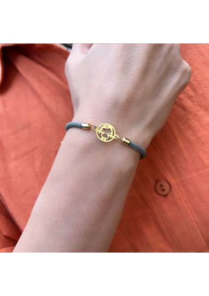 14 Ayar Altın Plakalı N Harfine Özel Kız Çocuk Motifli Gri Ipek Örgülü Hediye BILEKLIK-524HARF