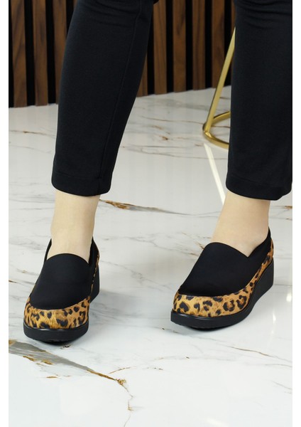 Larisa Siyah Leopar Ön Yüz Streç Dolgu Topuklu Günlük Ayakkabı modelleri