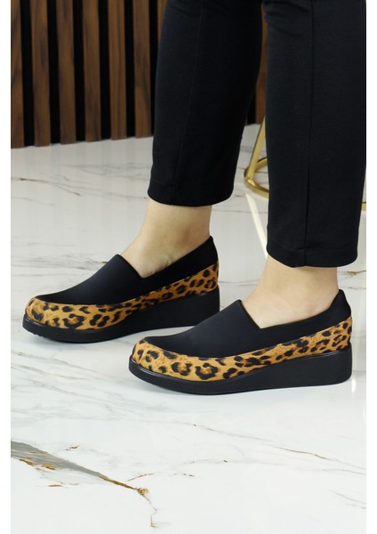 Larisa Siyah Leopar Ön Yüz Streç Dolgu Topuklu Günlük Ayakkabı indirimleri