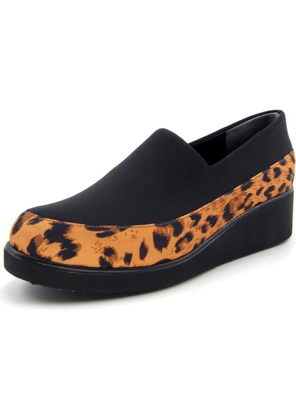 Larisa Siyah Leopar Ön Yüz Streç Dolgu Topuklu Günlük Ayakkabı