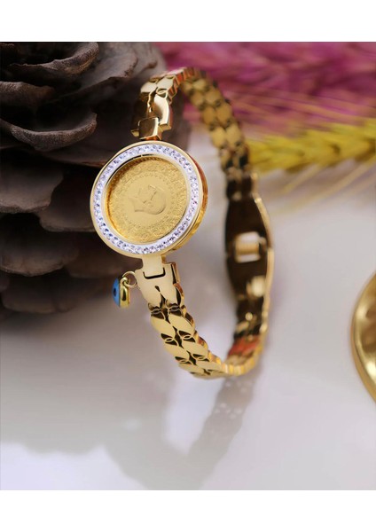 22 Ayar Çeyrek Altınlı Çelik Kelepçe Bileklik