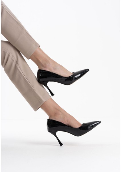 Harper Premium Kadın Siyah Kroko Rugan Stiletto