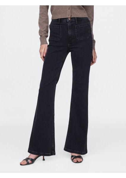 Kadın Siyah High Rise '70S Flare Jean Pantolon