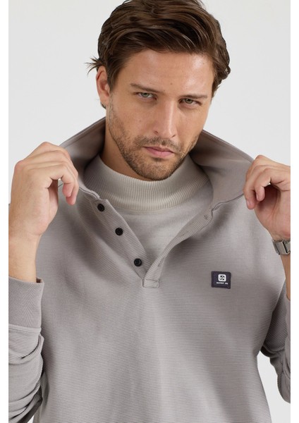 Erkek Polo Yaka Fitilli Sweatshirt Gri