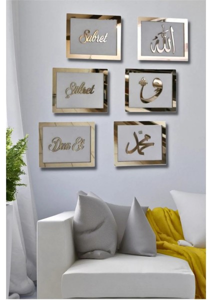 Sabret Şükret Dua Et Allah Muhammed Vav 6'lı Set Mdf Üzeri Gümüş Pleksi Her Biri 20X13 cm