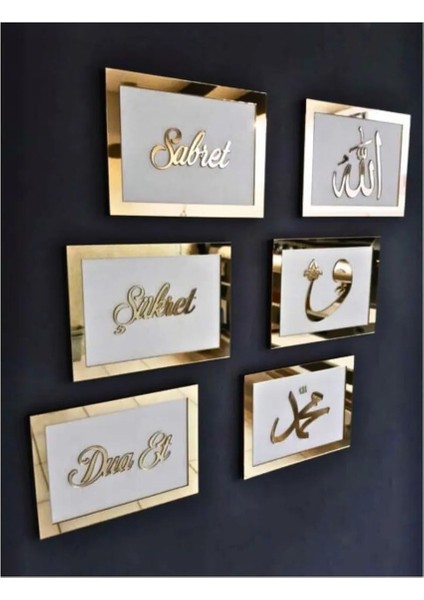Sabret Şükret Dua Et Allah Muhammed Vav 6'lı Set Mdf Üzeri Gümüş Pleksi Her Biri 20X13 cm fiyatları
