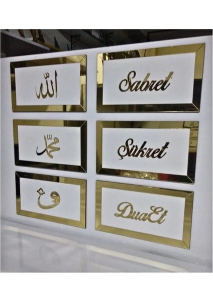 Sabret Şükret Dua Et Allah Muhammed Vav 6'lı Set Mdf Üzeri Gümüş Pleksi Her Biri 20X13 cm modelleri