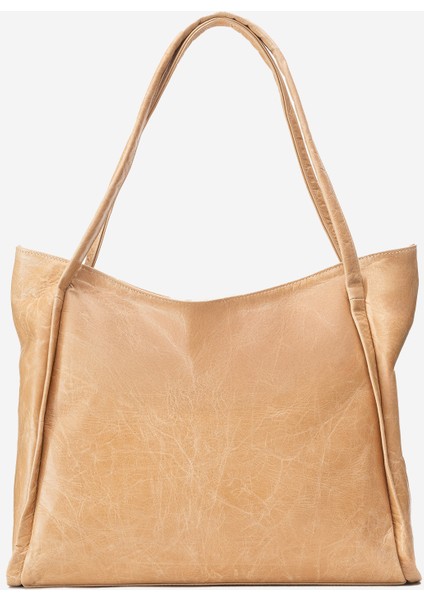 Nova Kadın Çift Saplı Shopper Çanta Gerçek Deri Bej